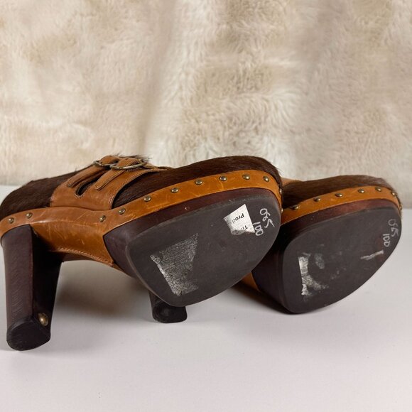 UGG Brown Haircalf & Leather HEELS Clogs With Double Buckle & Studs 7.5 - Picture 9 of 10
